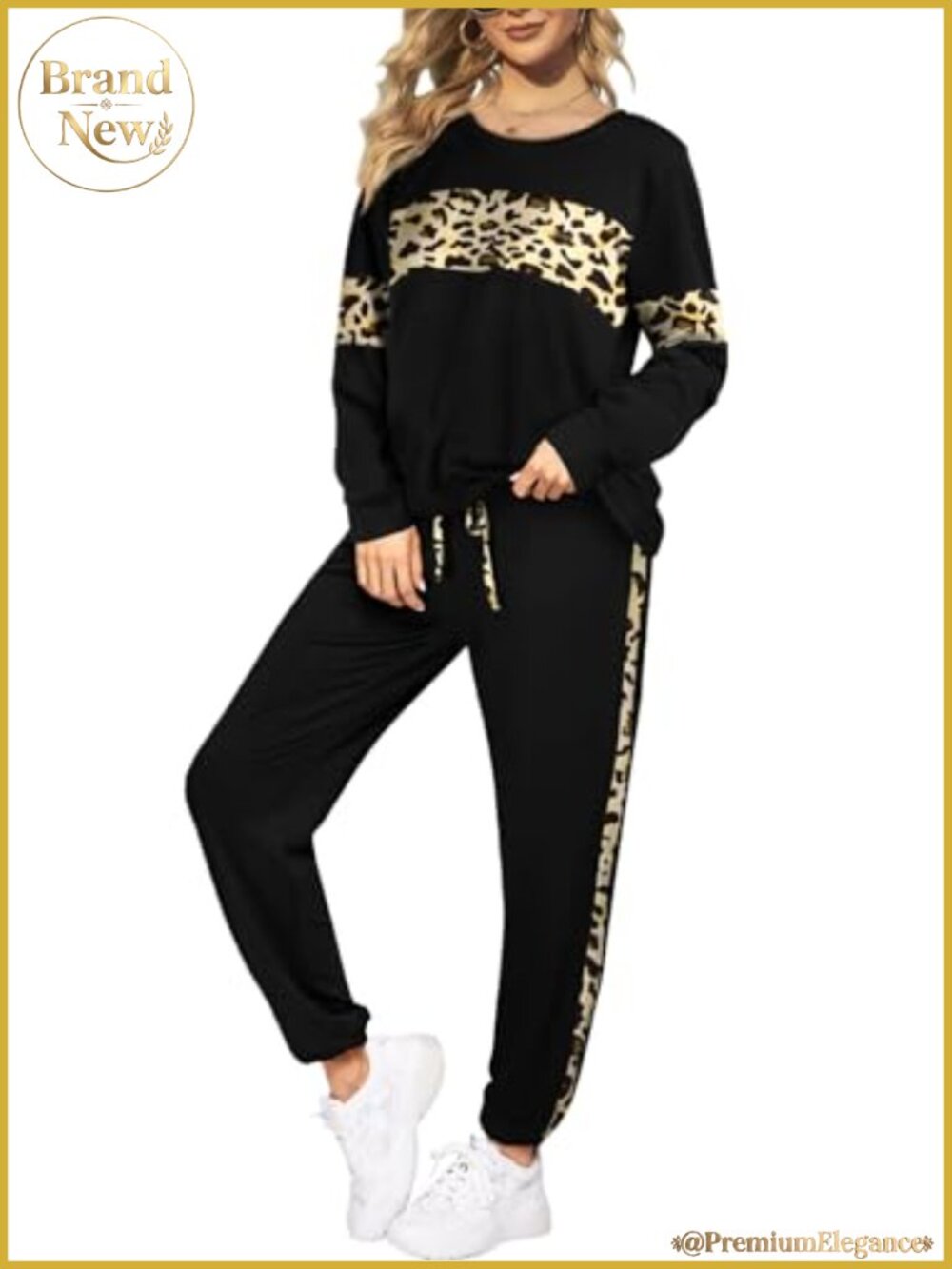 Leopard 2 Piece Sweatsuit Set Crew Neck Long Sleeve Tops Pants with Pockets